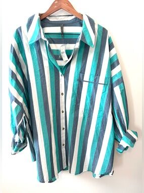 Anthropologie NWT Oversized Striped Button Down Shirt XL Green Blue White
